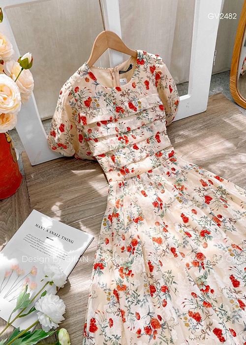 Đầm Maxi Voan Hoa 2 Lớp Tay Phồng Xếp Ly Ngực Thời Trang