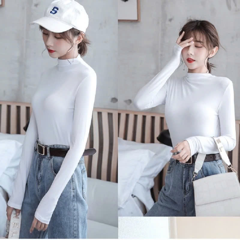 Áo thun giữ nhiệt nữ tay dài cổ cao 3 phân vải premium cotton mềm mịn ôm dáng MÀU ĐEN Văn Phòng Du Lịch Dã Ngoại Phượt