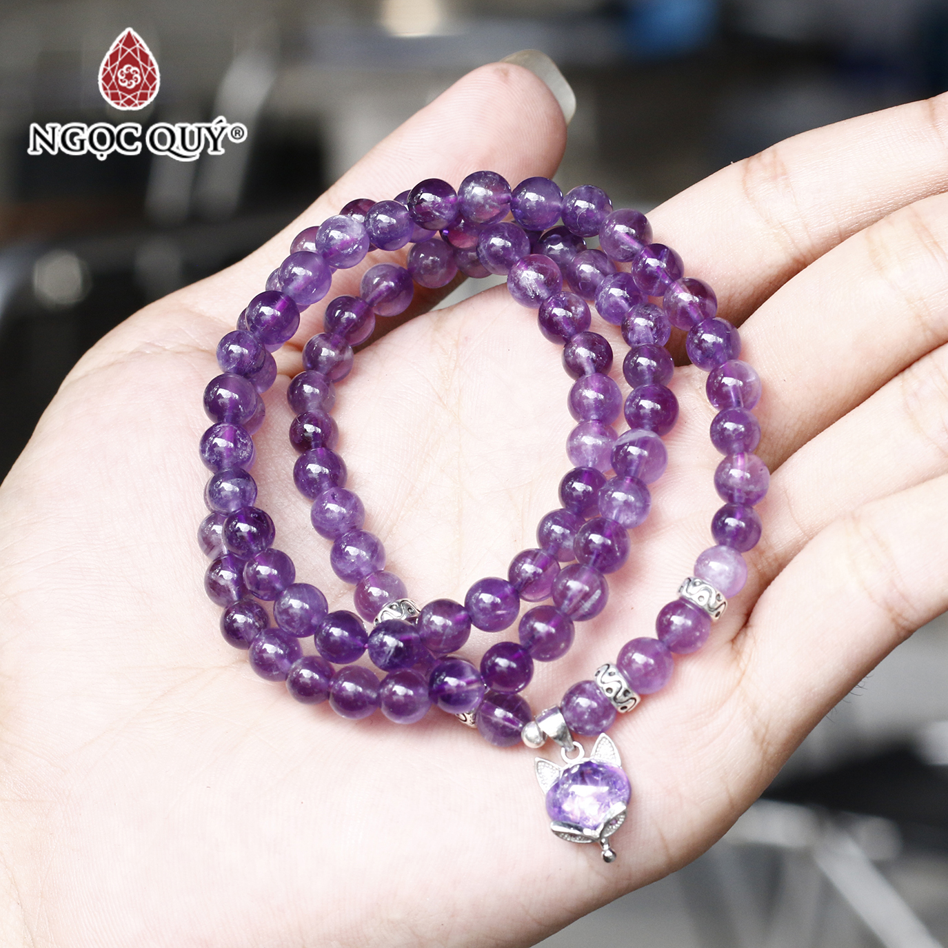 Vòng 3 line đá thạch anh tím phối hồ ly 6mm mệnh hỏa, thổ - Ngọc Quý Gemstones