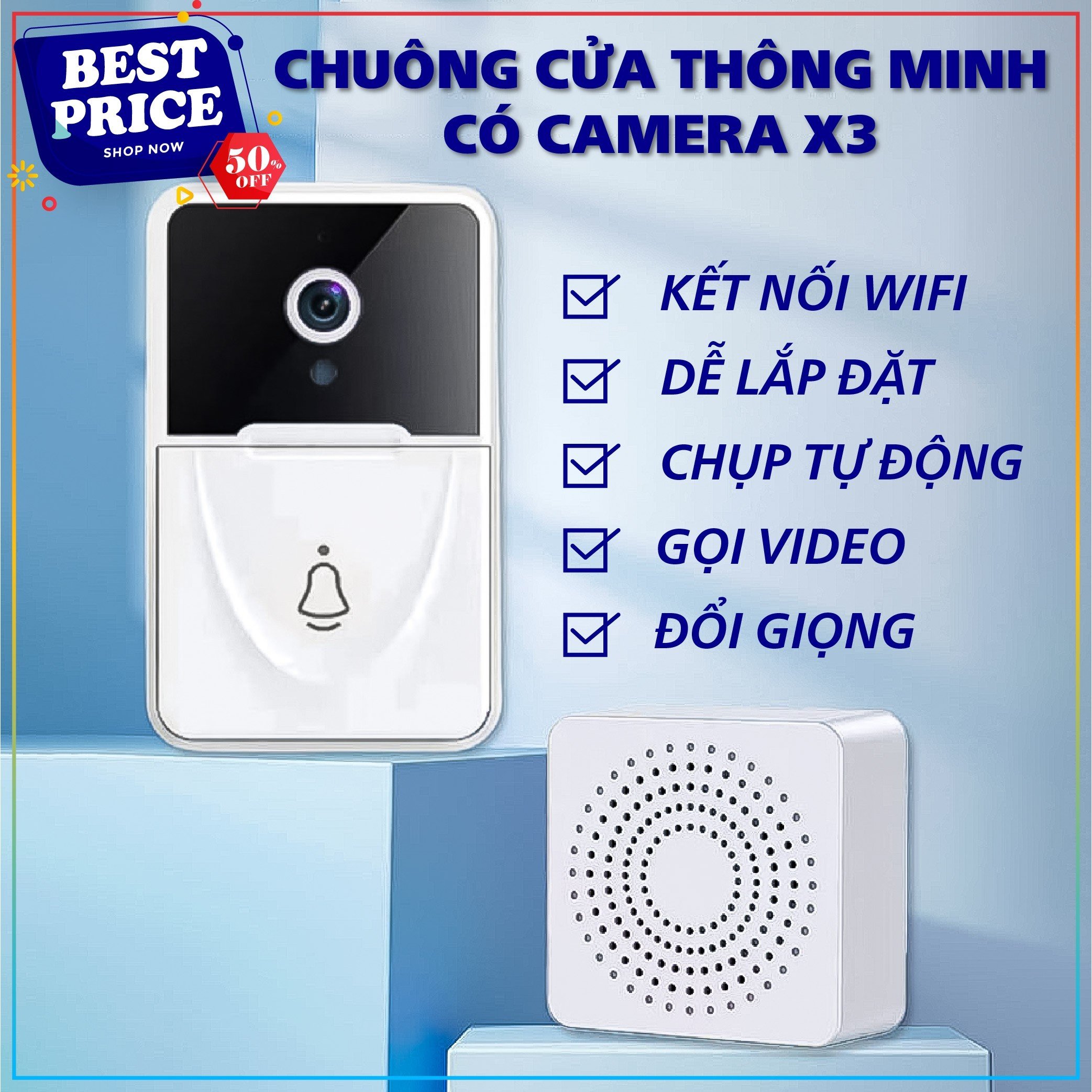 Chuông Cửa Có Camera Thông Minh X3 Kết Nối Không Dây, Chuông Cửa Thông Minh Bảo Vệ An Ninh Gia Đình