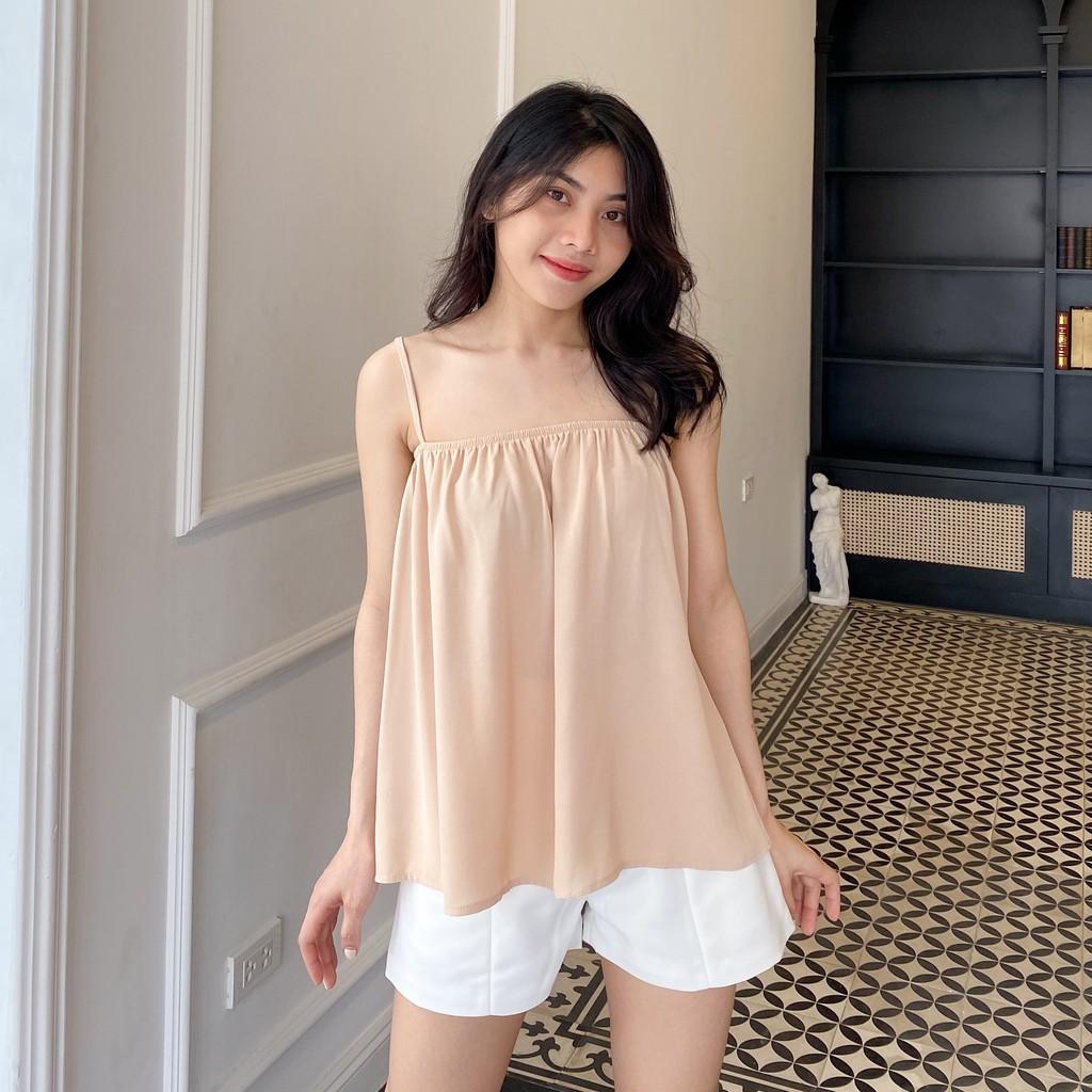 Áo Hai Dây Chun Ngực Trơn Màu Xinh Xắn Theo Phong Cách Hàn Quốc Dành Cho Nữ - Freesize <55kg
