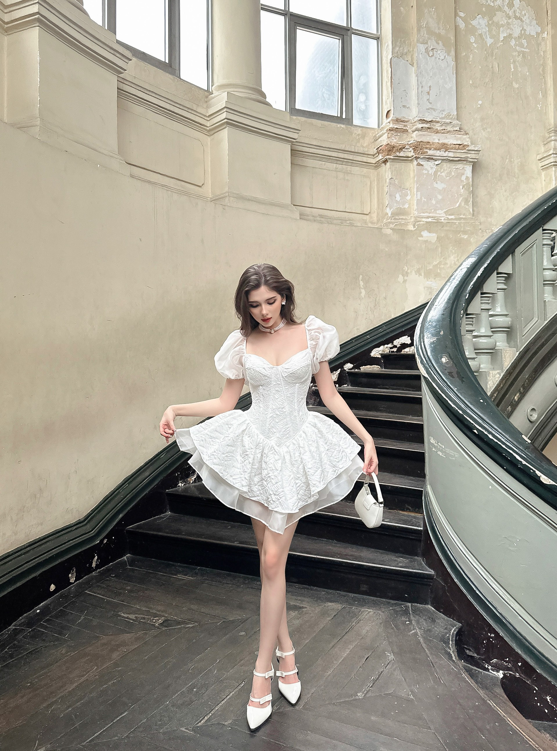 Đầm xoè đi sinh nhật tay phồng che bắp tay to chất vải gấm Selina Dress