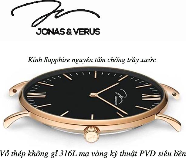 Đồng hồ đeo tay Nam hiệu JONAS & VERUS Y01646-Q3.GGBLB, Máy Pin , Kính Sapphire, Dây da Italy