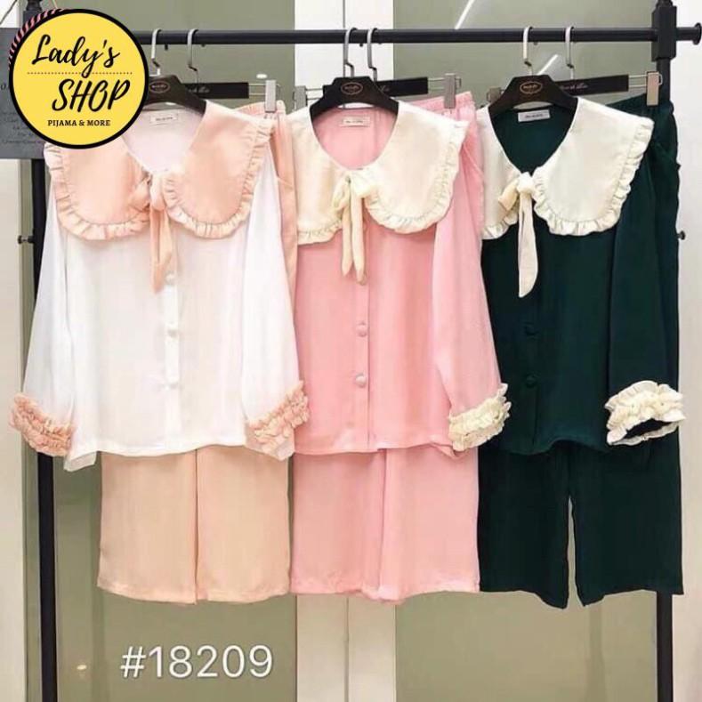 Freeship Bộ lụa Pijama - Bộ Lụa Tay Dài Tiểu Thư Cổ Phối Bèo Nơ