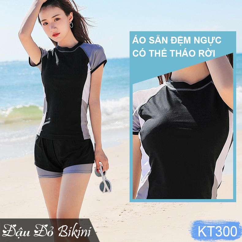 Đồ bơi nữ áo ngắn tay quần short đùi 2 lớp kín đáo, thiết kế trẻ trung, dấu bụng tốt, chất thun bơi Hàn cao cấp | KT300