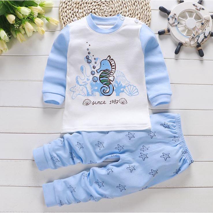 Quần áo thu đông bé trai Đồ thu đông bộ ngủ cotton cho bé trai Bộ quần áo thun dài tay màu xanh 7 - 27kg Me Yeu Con