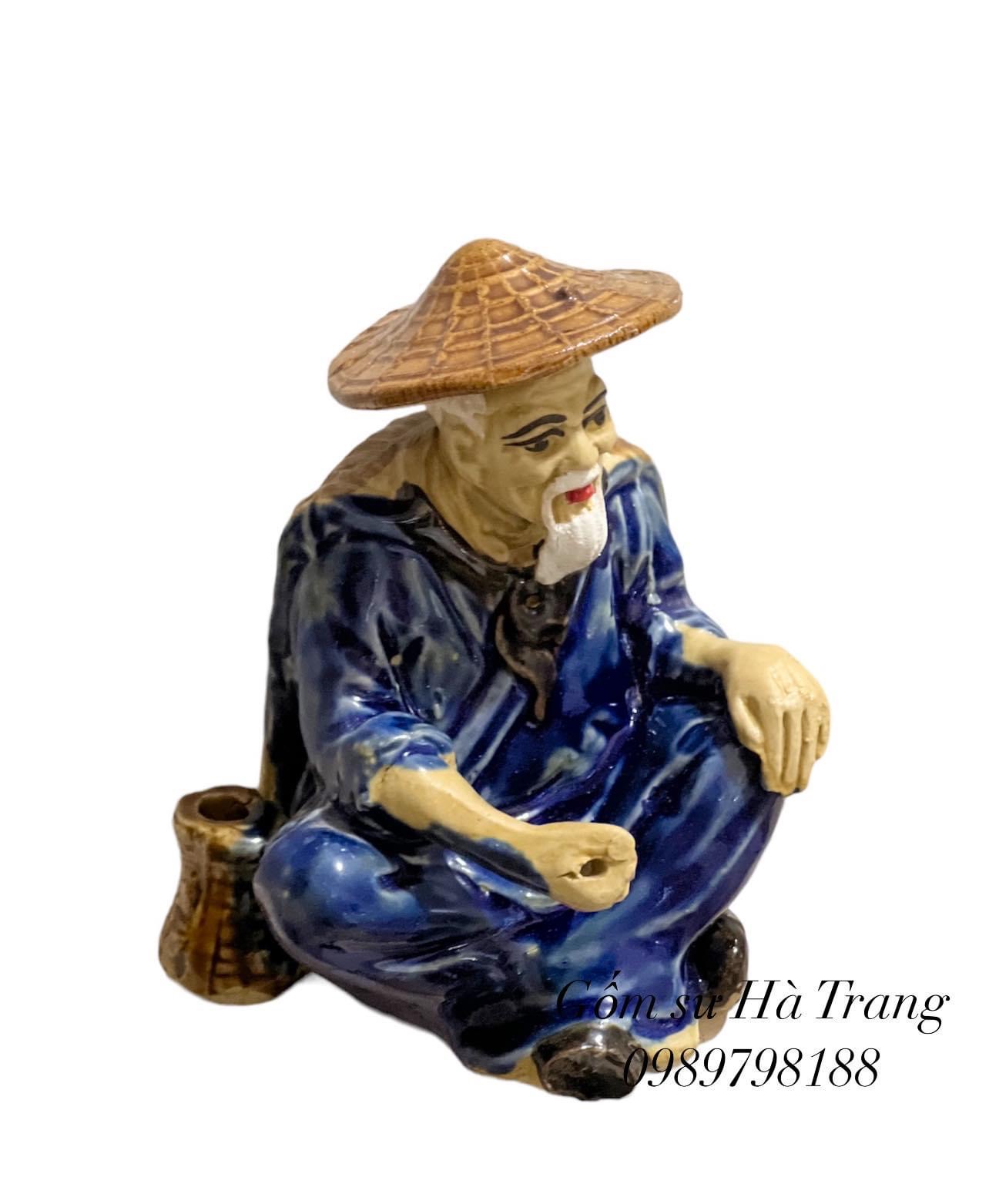 Tượng lão vọng câu cá gốm sứ Bát Tràng trang trí tiểu cảnh sân vườn