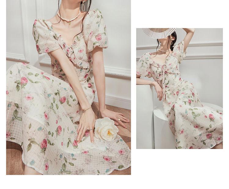TOBE1SHOP Hiện tại giây phát trà nghỉ kiểu Pháp váy mùa hè khí chất nhỏ nhắn hoa v cổ siêu tiên tuyệt đẹp váy dài nữ