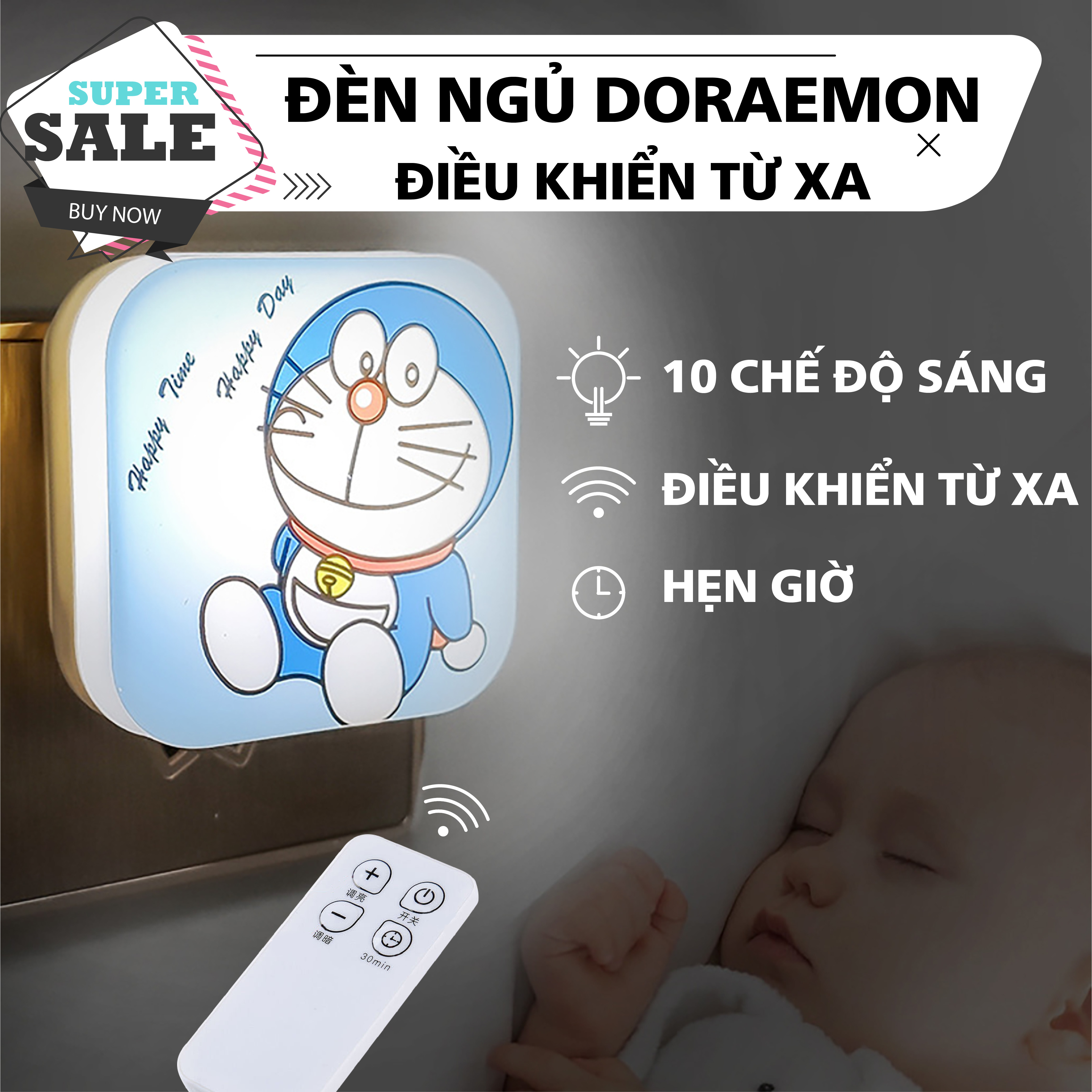 Đèn ngủ hình mèo Doreamon ngộ nghĩnh, tích hợp điều khiển từ xa thông minh và tiện lợi