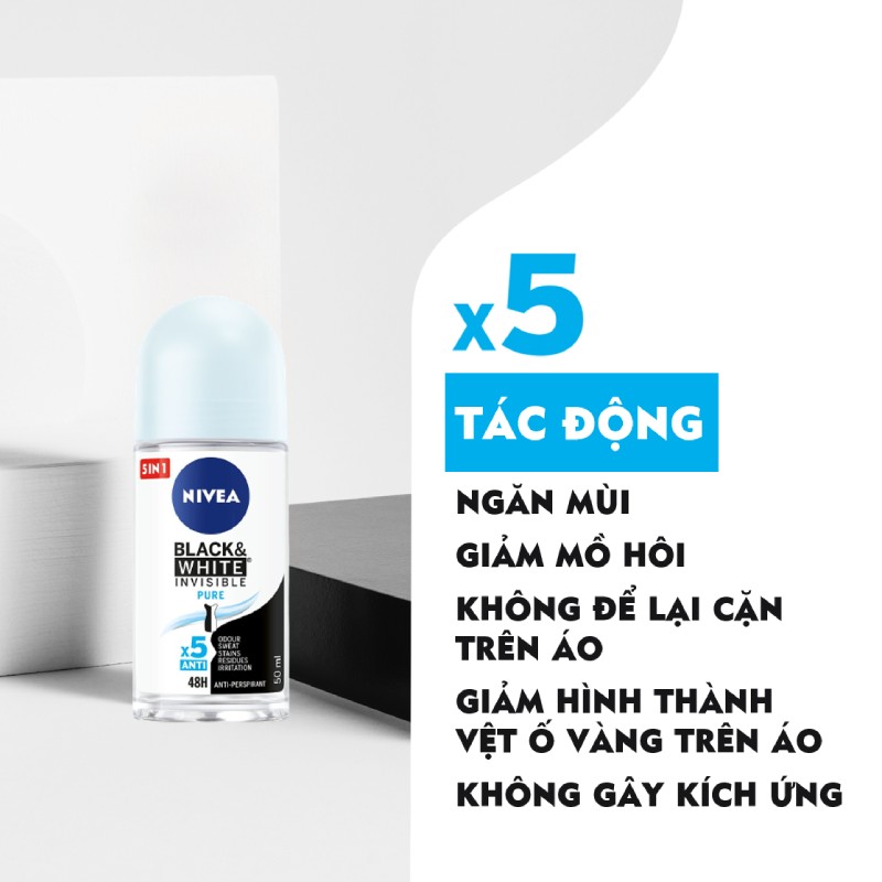 Lăn Ngăn Mùi NIVEA Black & White Ngăn Vệt Ố Vàng Vượt Trội 5in1 - 82234
