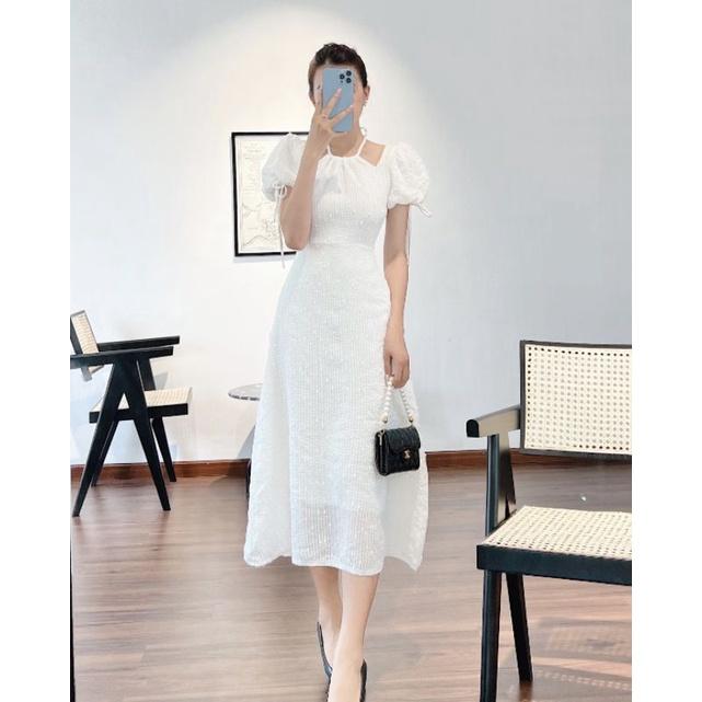 Đầm dự tiệc cổ yếm tay phồng dáng dài tay nơ Daily Dress