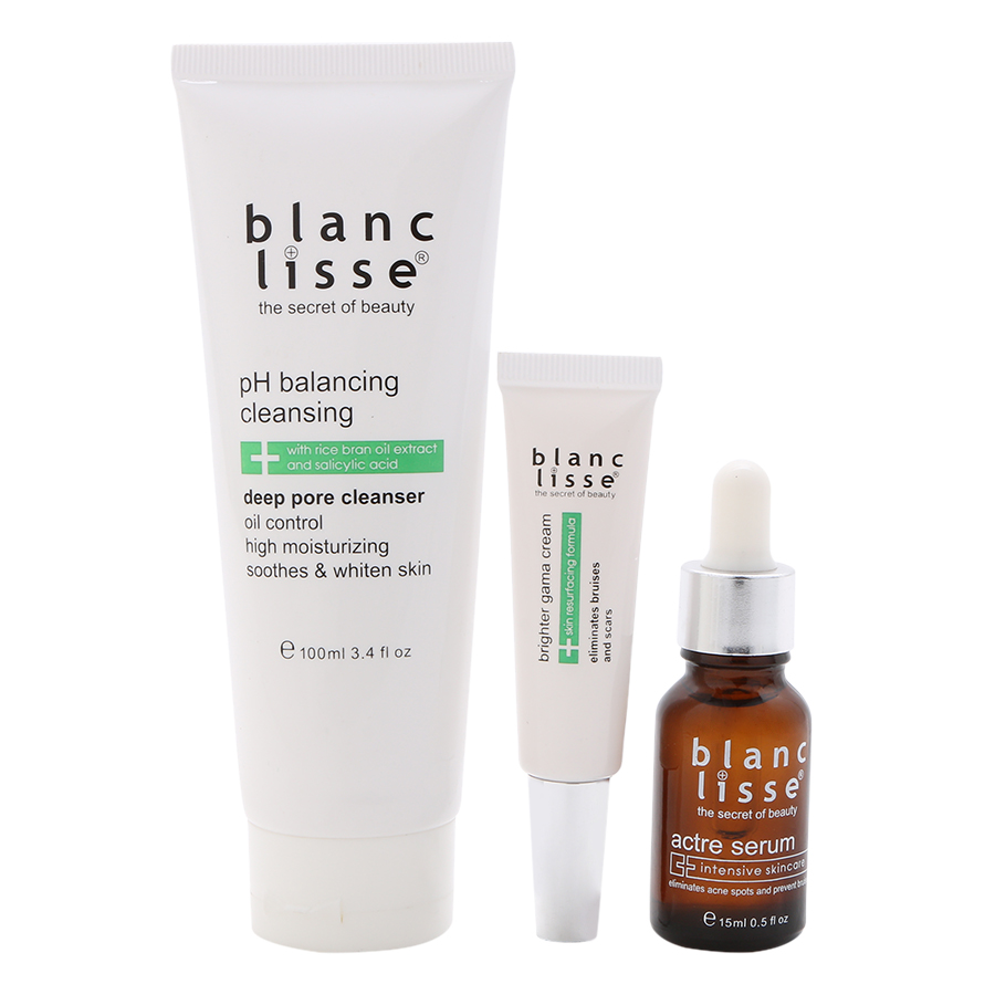 Combo Giảm Mụn Tái Tạo Da và Dưỡng Trắng Da BLANC LISSE - Gel Rửa Mặt pH BALANCING CLEANSING 100ML + ACTRE SERUM Ngừa Mụn 15ML + Kem Sẹo Thâm BRIGHTER GAMA CREAM 15ML