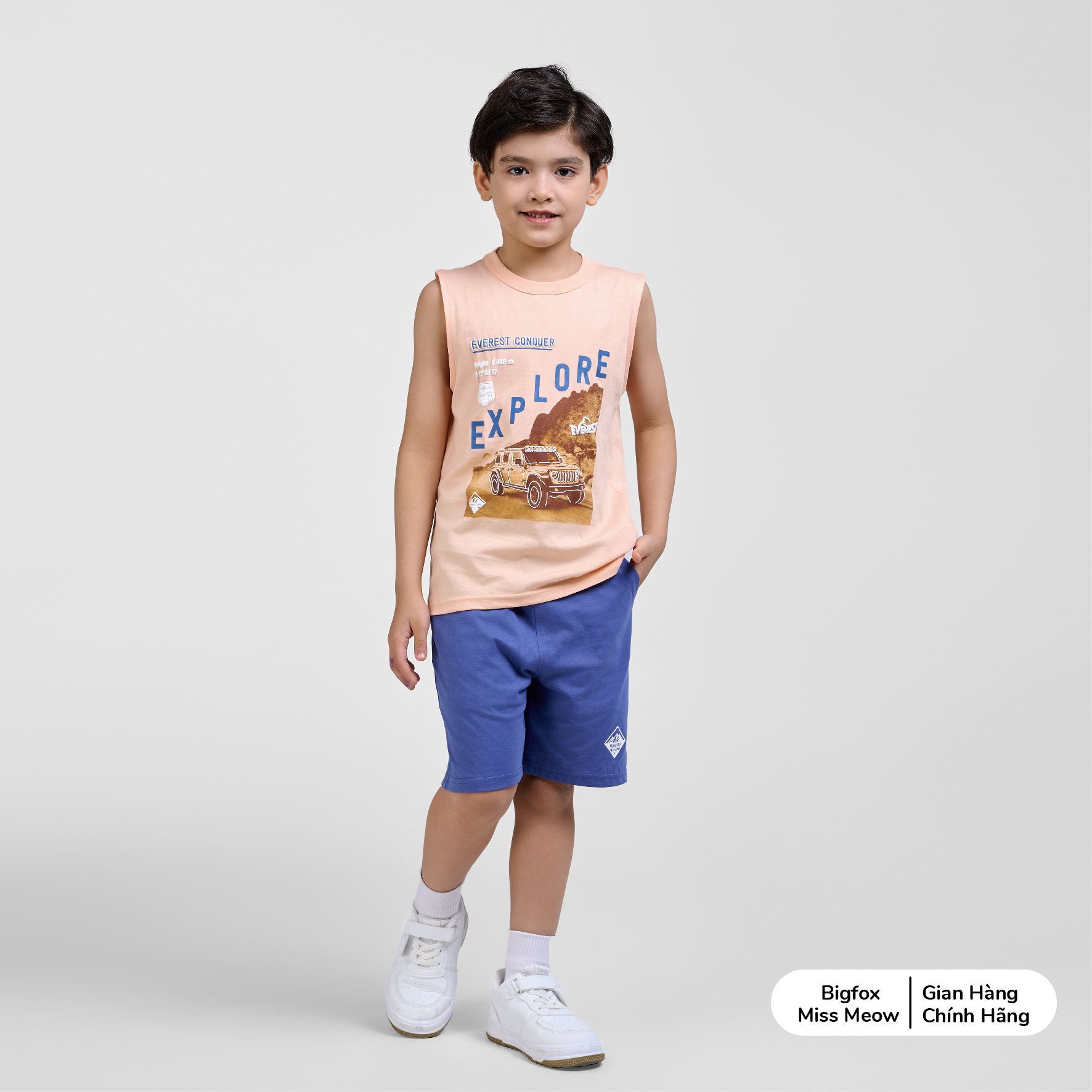 Bộ ba lỗ bé trai chất cotton Bigfox Miss Meow in ô tô size đại cỡ 3,7,9,11 tuổi 30kg 40kg