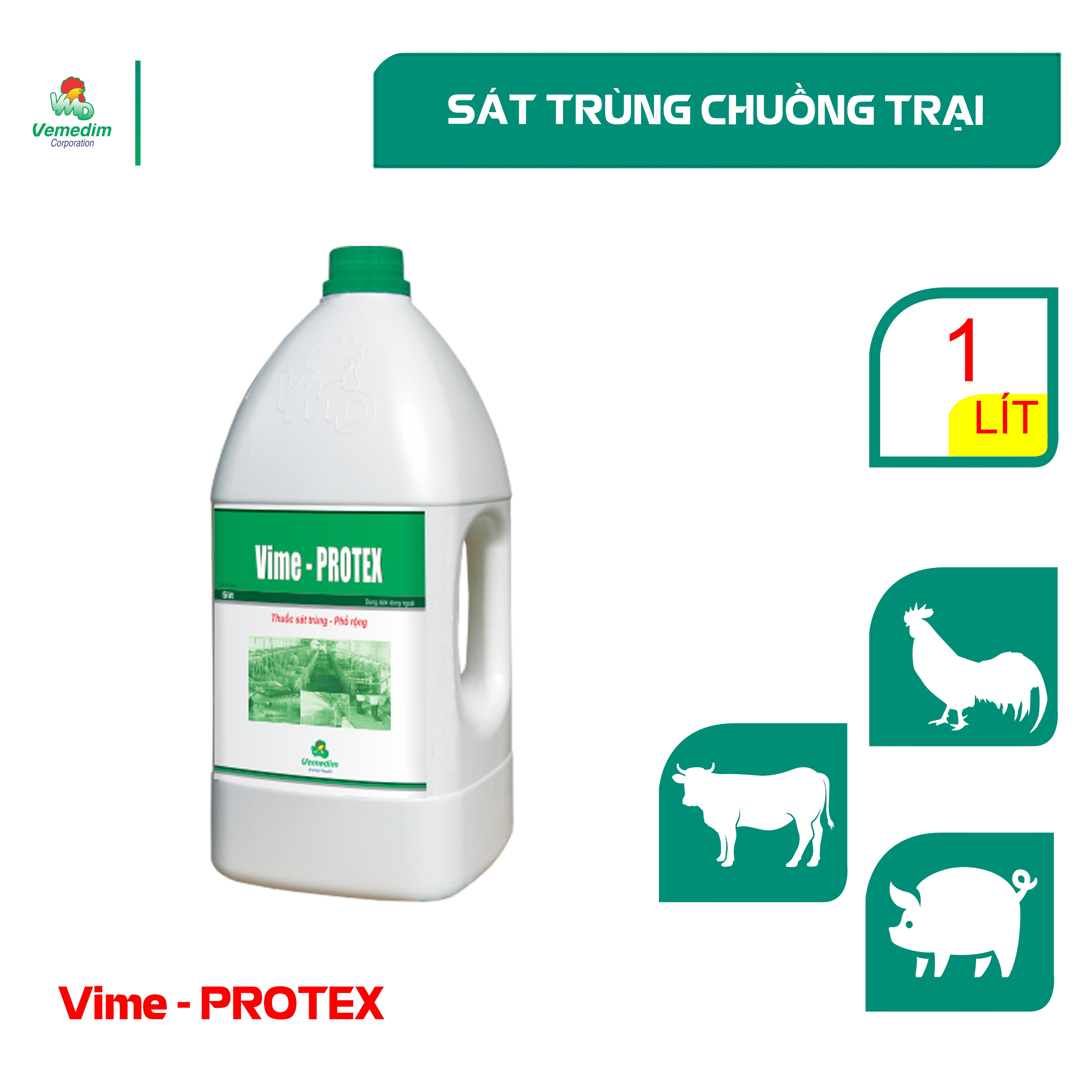 VIME-PROTEX phổ rộng, an toàn, hiệu quả, khống chế dịch cúm, lở mồm long móng, tai xanh, chai 1 lit, sản phẩm Vemedim