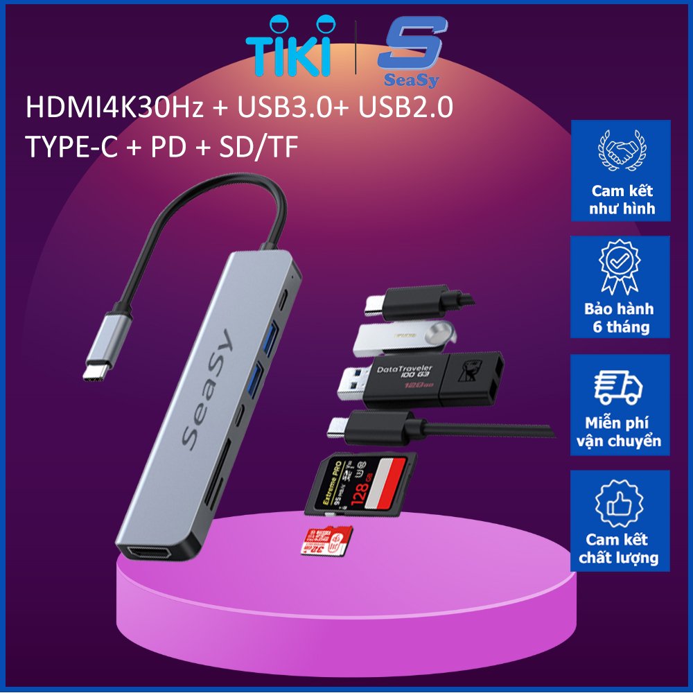 Hub Chuyển Đổi USB TypeC 7 Trong 1 SeaSy, Chuyển Đổi TypeC to HDMI, 1 Cổng HDMI 4k 60Hz, 2 Cổng USB 3.0, 1 Cổng TypeC, 1 Cổng Sạc PD, 2 Khe Thẻ Nhớ SD/TF, Kết Nối Với Hầu Hết Các Thiết Bị, Dùng Cho Macbook/Ipad/Surface/Laptop/Điện Thoại – Hàng Chính Hãng