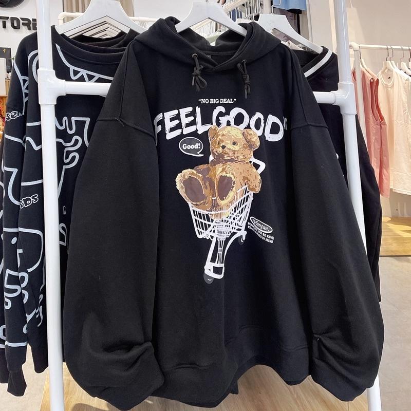 Áo hoodie gấu màu đen + kem ảnh thật unisex