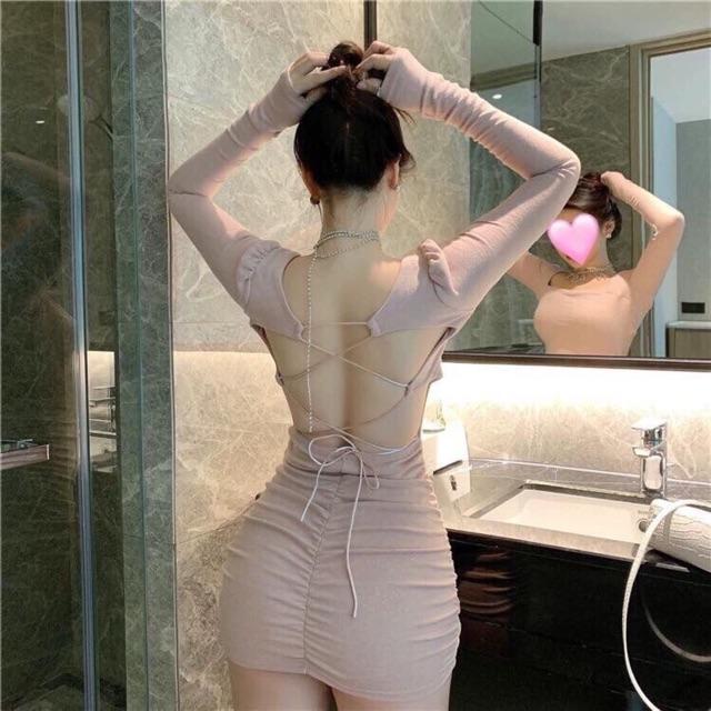 Đầm body cổ vuông đan dây lưng cực sẽy có mút ngực