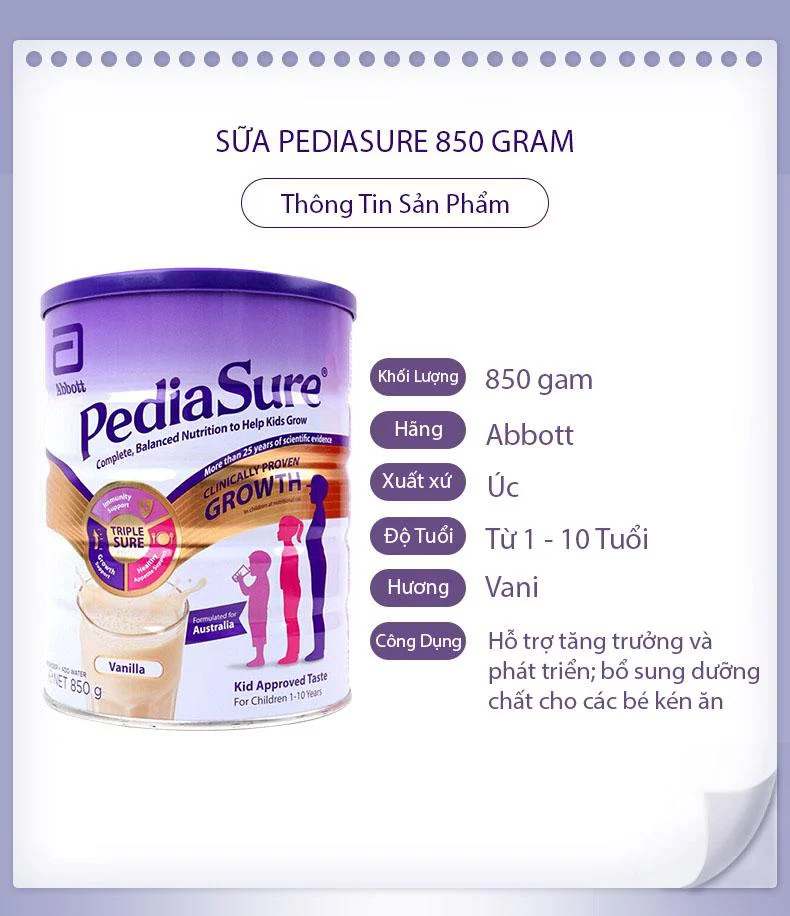 Sữa tăng chiều cao cho trẻ biếng ăn từ 1-10 tuổi Úc Pediasure Vanilla giúp phát triển cân đối chiều cao, cân nặng, trí não - QuaTangMe Extaste