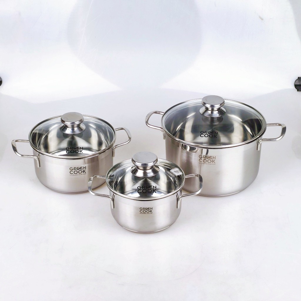 Bộ 3 nồi inox đáy từ 3 lớp Greencook GCS06 dùng được trên mọi loại bếp, quai cách nhiệt size 16/20/24cm
