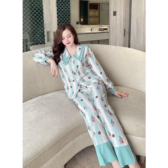 Bộ pyjama phối cổ nhọn, quần dài, Mango loại 1 mềm mịn, 40-60kg