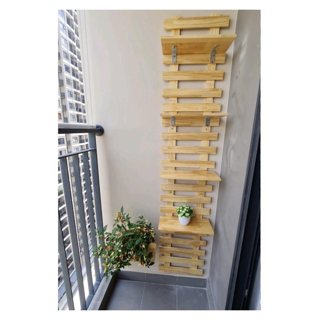 Kệ gỗ ban công -Giá gỗ treo tường trang trí ban công gồm 1 hàng rào dài 2mx40cm+8 thanh ngang