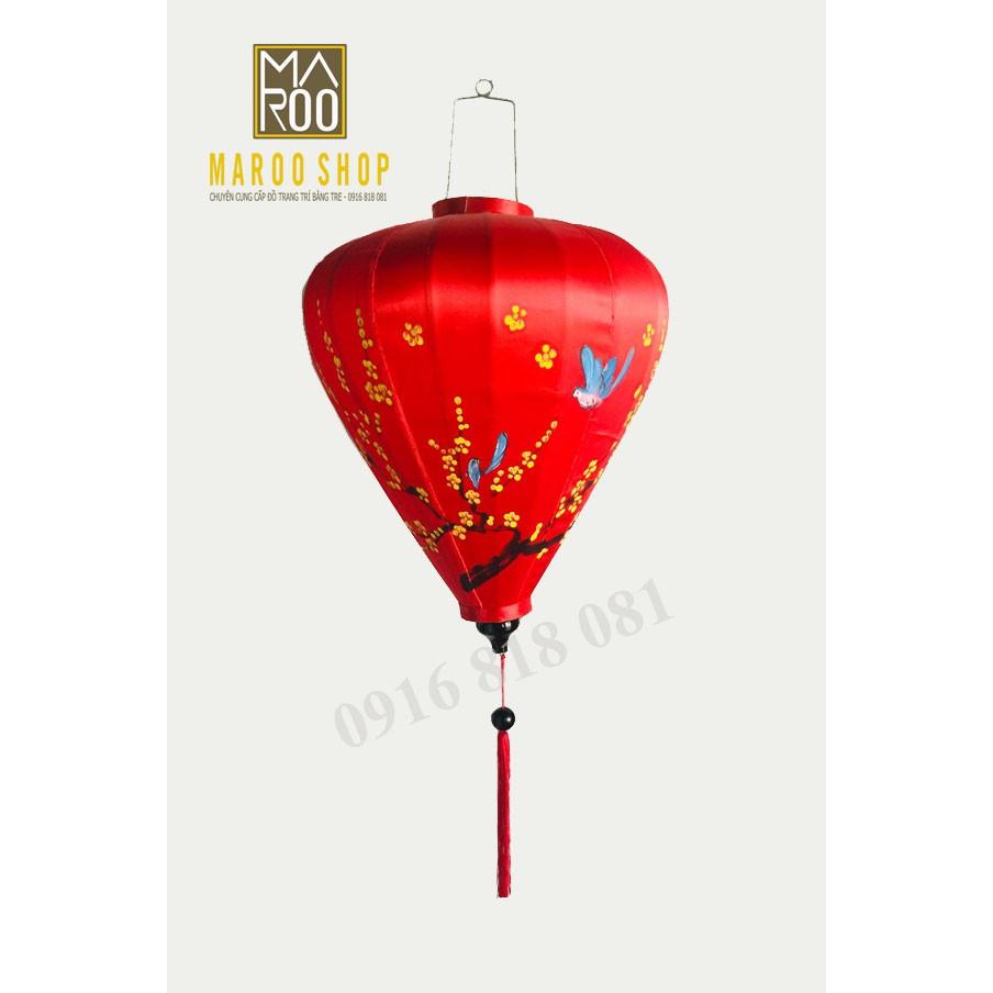 Đèn lồng Hội An vẽ hoa lá mùa xuân trên nền chất liệu vải phi bóng - kiểu tỏi - size 60 cm