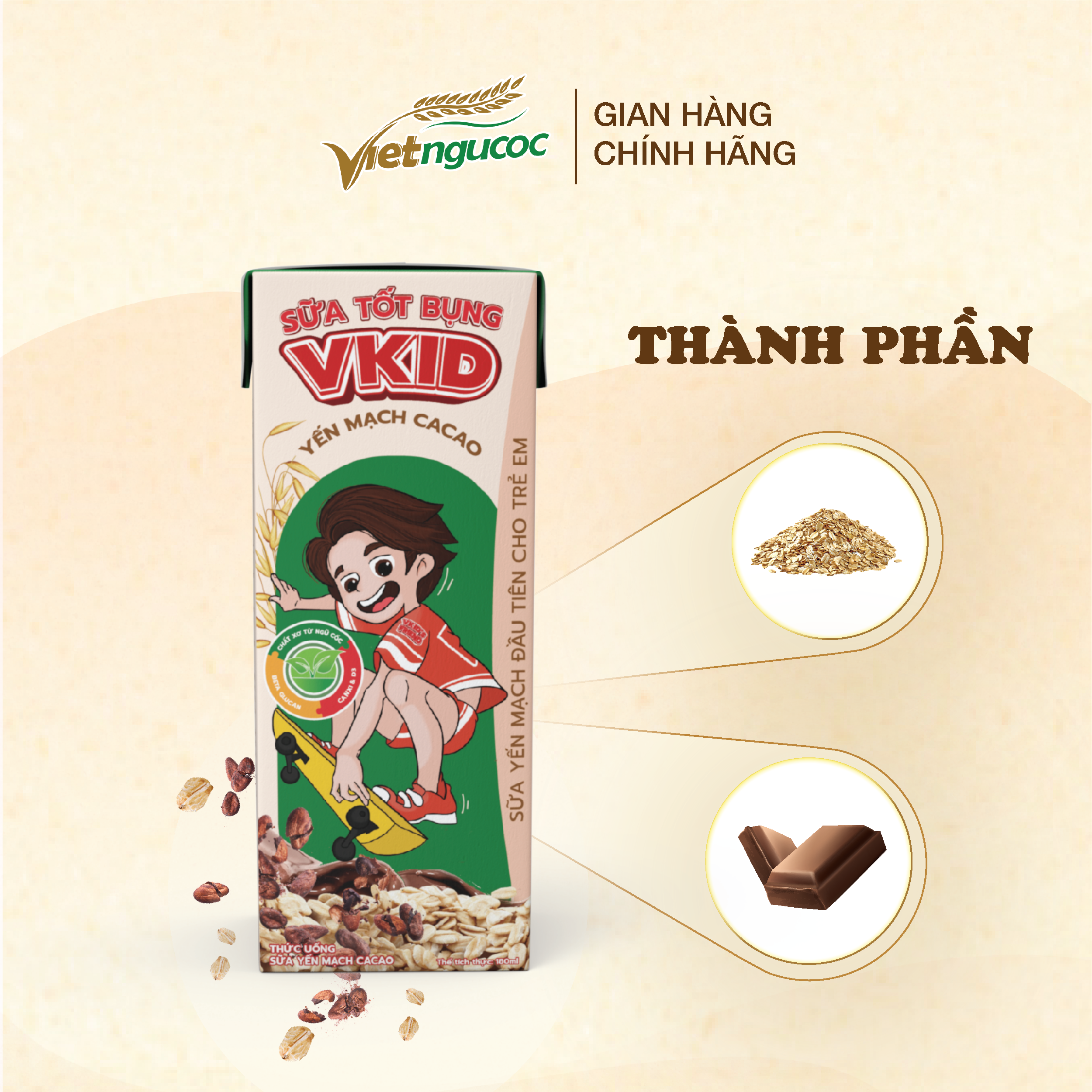 (Tặng 6 bình VKID) Thùng 48 hộp Sữa Yến Mạch Vkid VIỆT NGŨ CỐC Cho Bé Thơm Ngon Hương Vị Cacao 180ml/Hộp