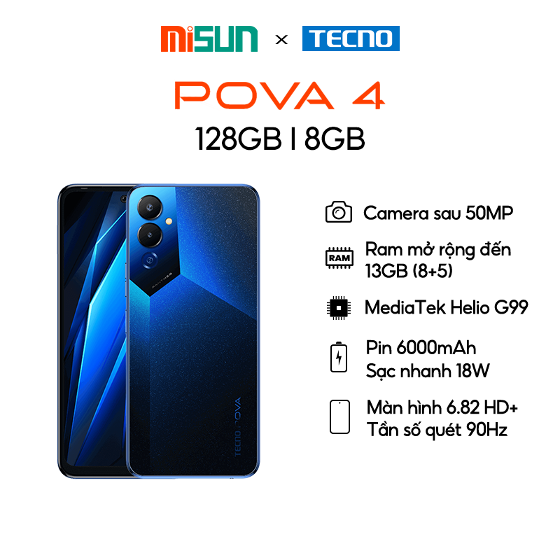 Điện thoại Gaming Tecno POVA 4 8GB/128GB - Hàng Chính Hãng - MediaTek G99 | 6000mAh - 6.6 inch- Bảo hành 13 Tháng