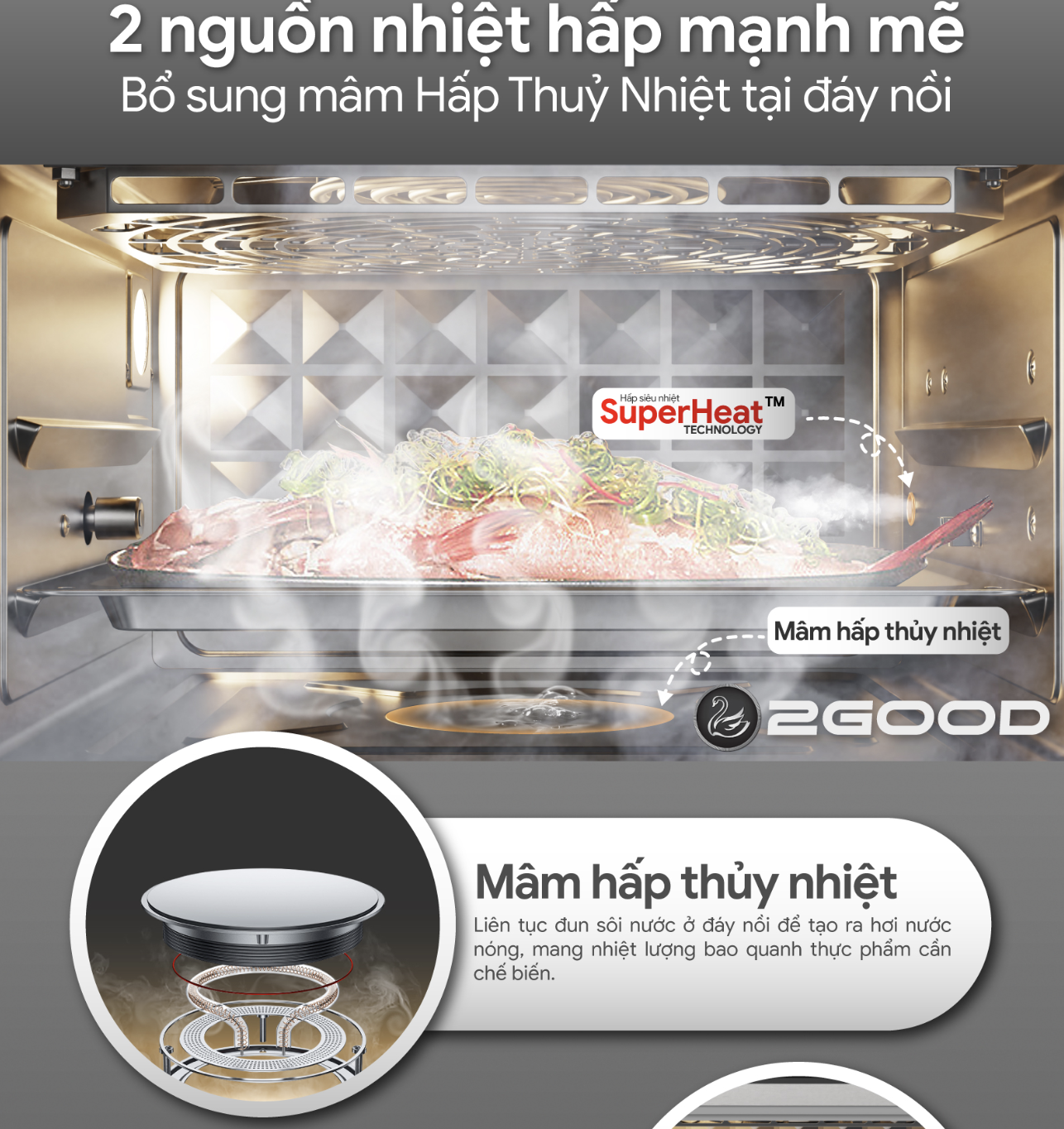 Nồi Chiên Hơi Nước 2GOOD S100 Lòng Nồi Inox Gồm 10 Chương Trình Nấu Dung Tích 20 Lít Công Suất 1800 W - Hàng Chính Hãng