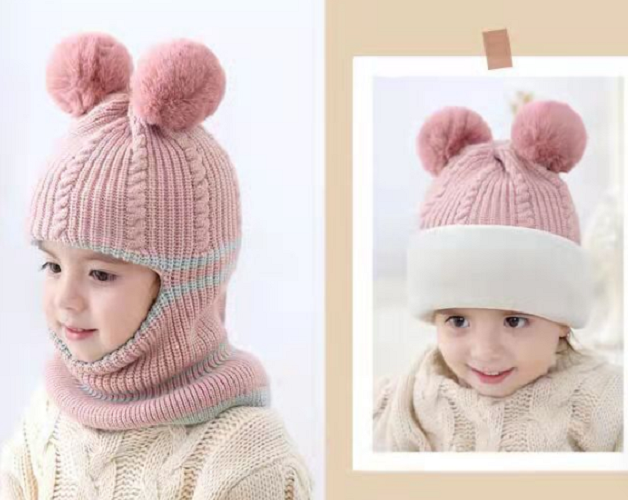 Mũ len trùm đầu lót nỉ cho bé phong cách Hàn, nón len quả bông cực xinh cho bé trai và bé gái