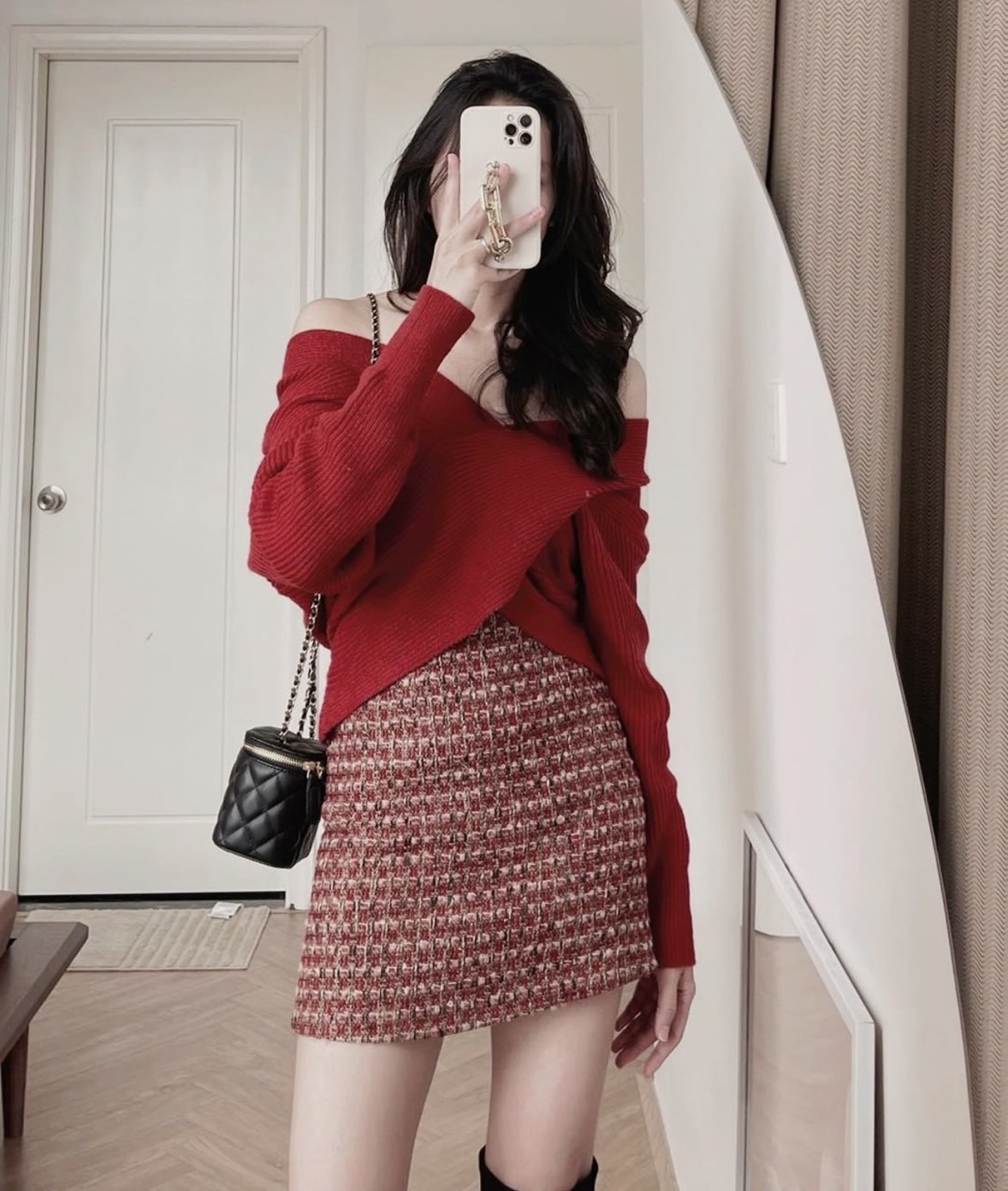 SET ÁO CROPTOP LEN TAY DÀI + CHÂN VÁY NGẮN ĐỎ GIÁNG SINH NOEL