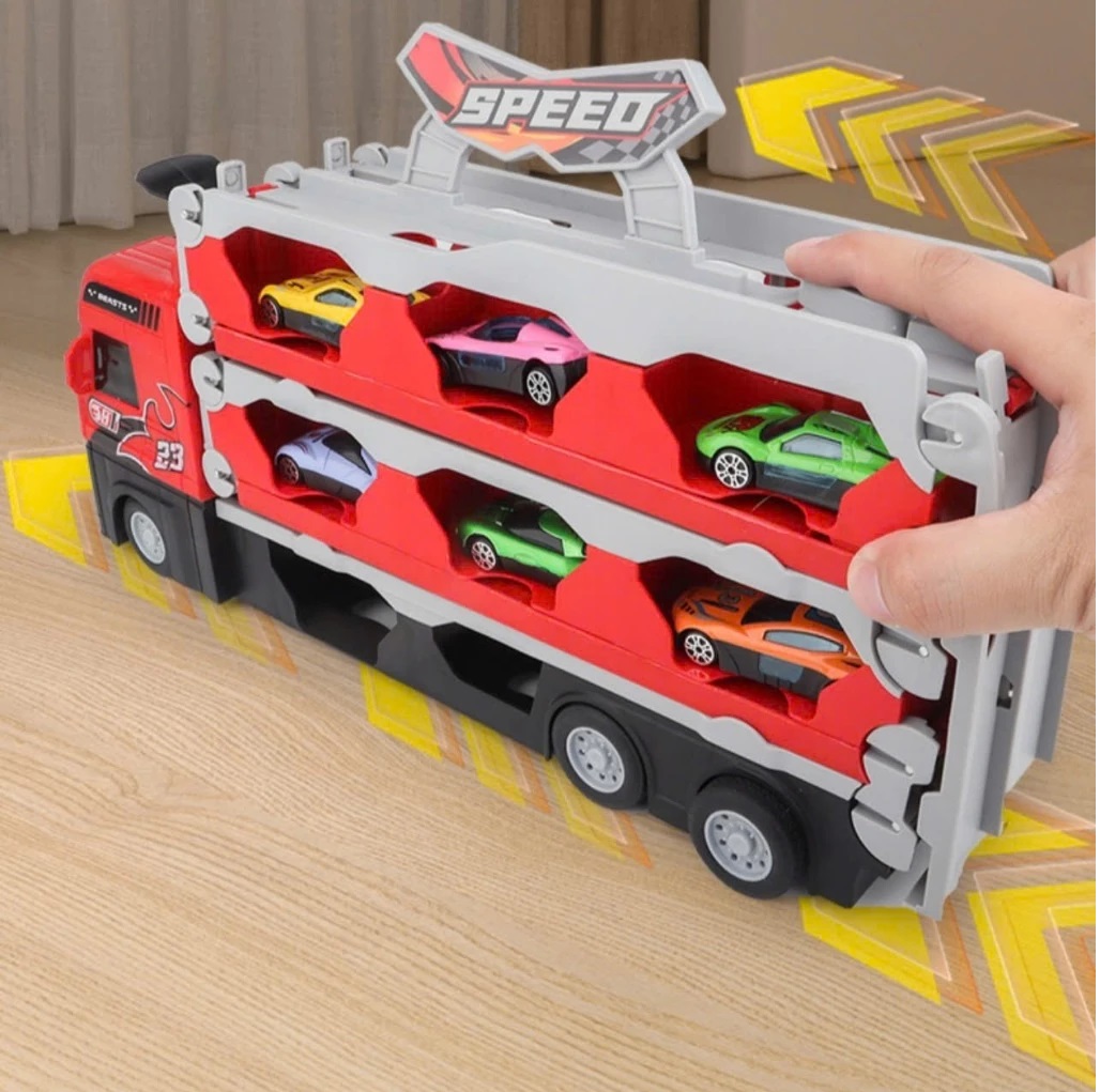 Ô tô đồ chơi BK TOTECH hình xe tải 3 tầng kèm 4 xe đua nhỏ mô hình đường đua xe dài 1,65m có thể gấp gọn cho bé