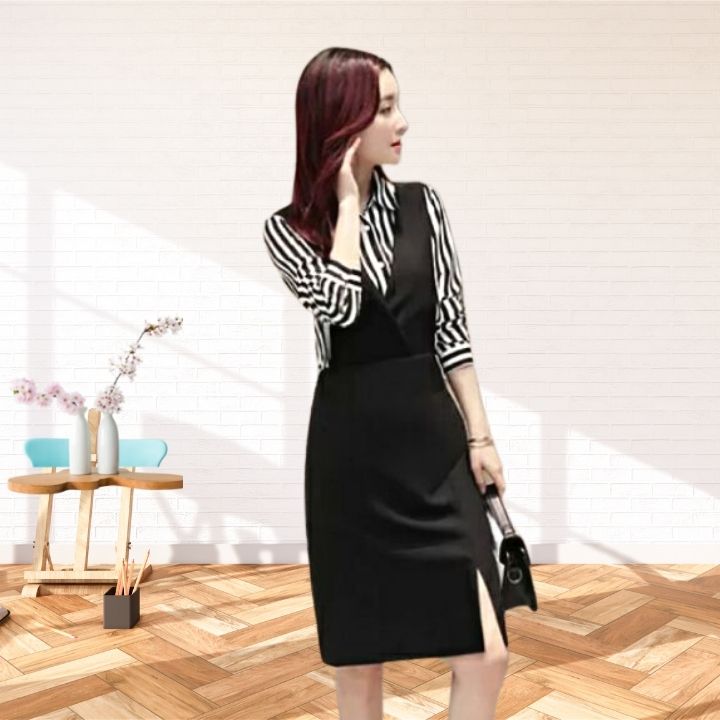 Yếm Váy Nữ New Design Thiết Kế Váy Xẻ Đùi , Có Size Màu Đen ,Dài Qua Gối Phong Cách Hàn Quốc Trẻ Trung New Design CV0041