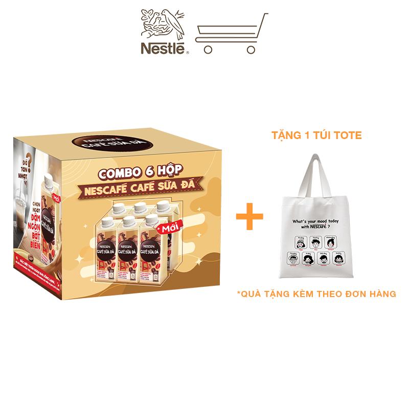 [Tặng 1 túi tote] Lốc 6 Cà phê uống liền Nescafé cà phê sữa đá (hộp 180ml)