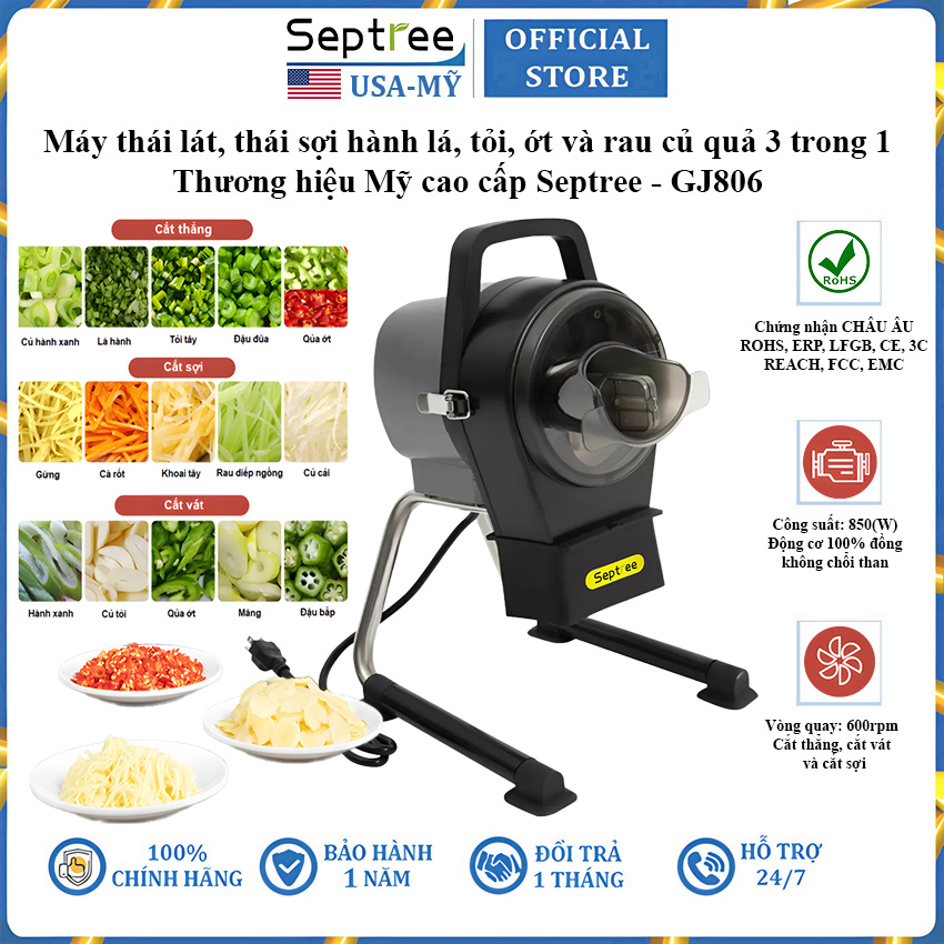 Máy thái lát, thái sợi hành lá, tỏi, ớt và rau củ quả dùng cho quán ăn, nhà hàng thương hiệu Mỹ cao cấp Septree GJ806 công suất 850W - Hàng chính hãng