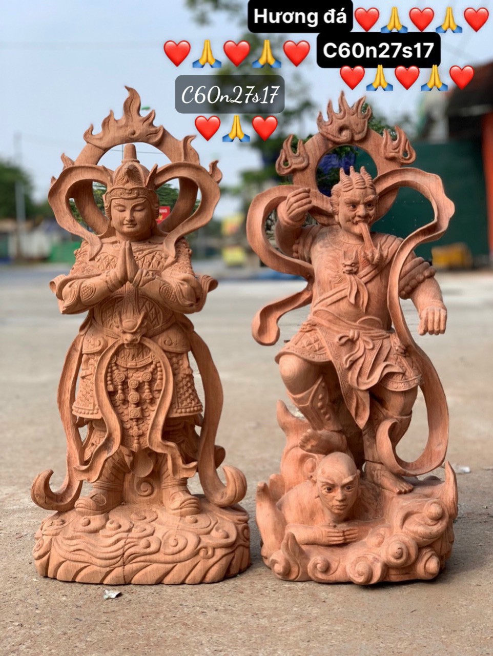 Cặp tượng điêu khắc vi đà tiêu diện hộ phát bằng gỗ hương đá víp đẹp long lanh kt cao 60×27×17cm