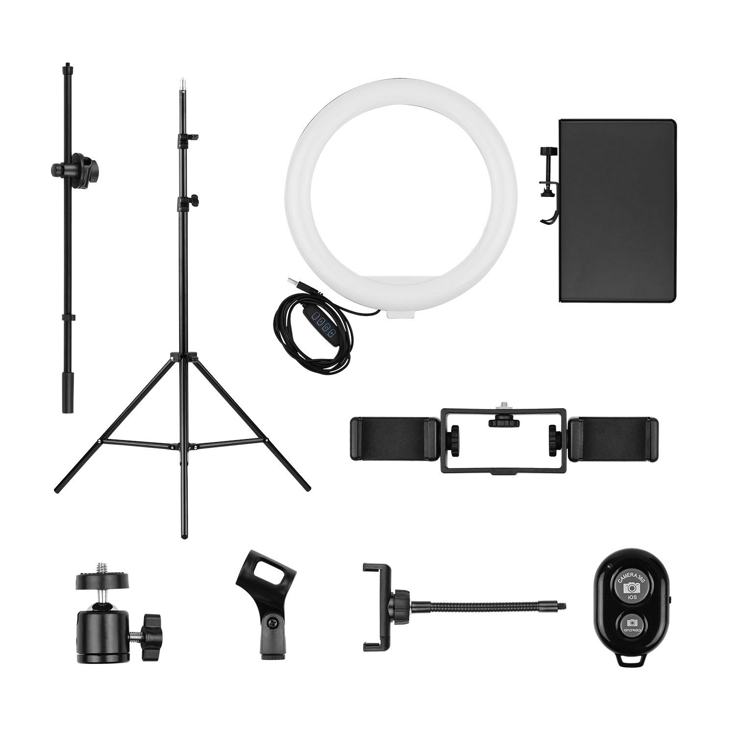 Bộ đèn vòng video 10 inch / 26cm 3 màu có thể thay đổi độ sáng 10 cấp 3200-5600K với đầu ba chân bóng Ba giá đỡ điện thoại