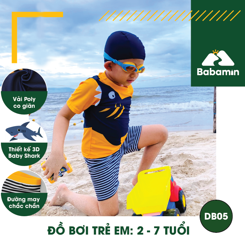 Đồ Bơi Trẻ Em Bé Trai Từ 2 - 7 Tuổi Kèm Mũ - Babamin - 3D Hình Cá Mập – DB05