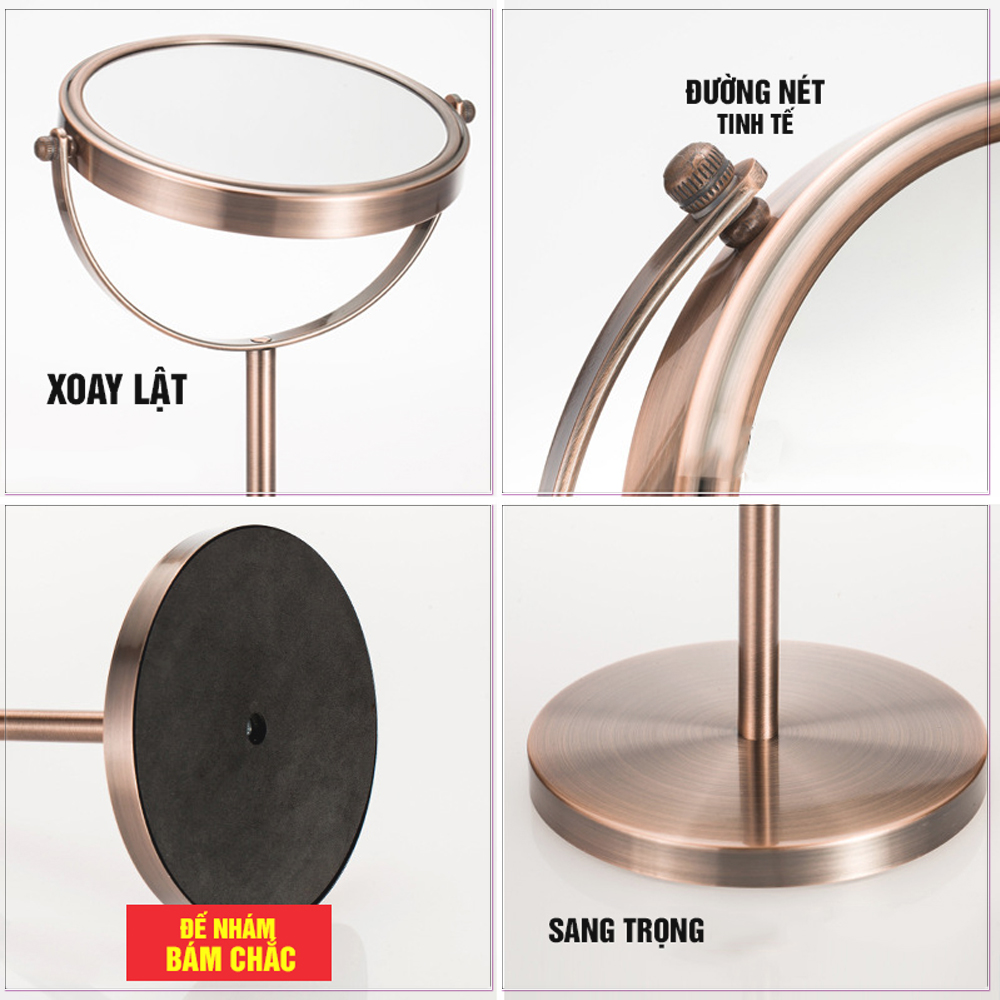 Gương trang điểm để bàn Đồng đỏ Copper, phóng đại zoom x3, 2 mặt xoay siêu nét Minh House