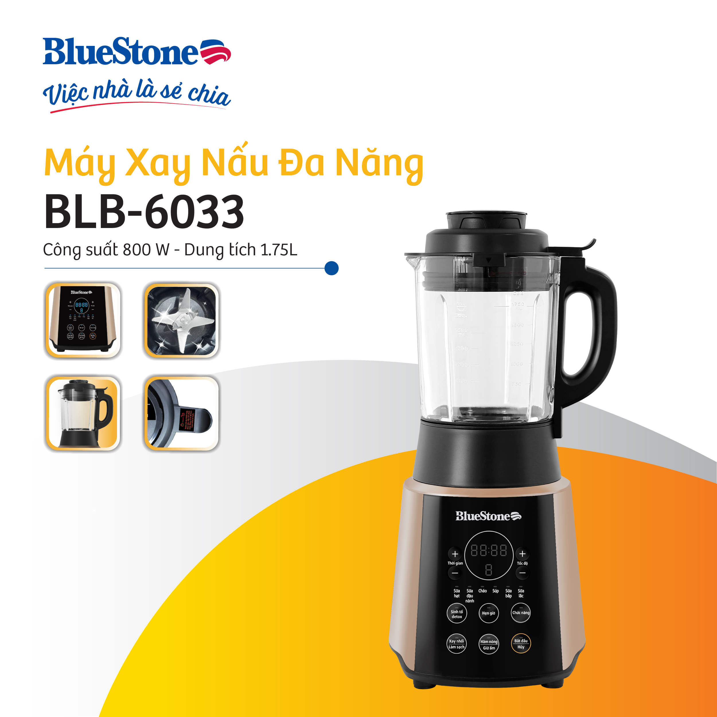 Máy Xay Nấu Sữa Hạt Đa Năng BlueStone BLB-6033 - Công suất 800W - 9 chương trình nấu - Bảo hành 24 tháng - Hàng chính hãng