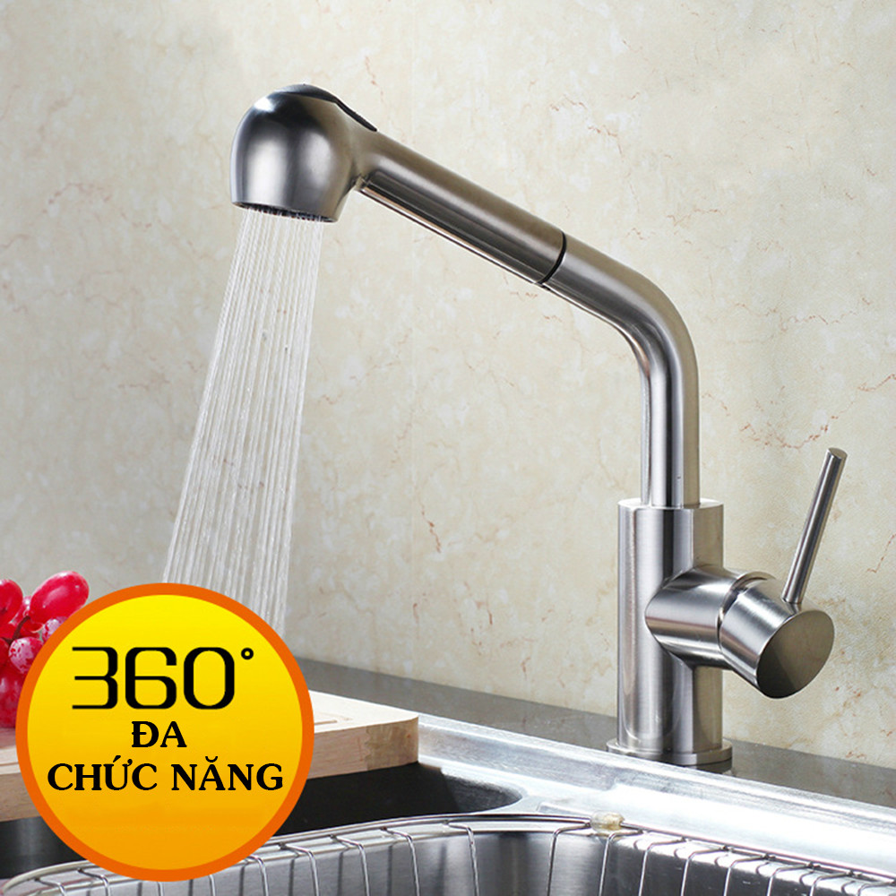 [KAMA - SUS304] Vòi rửa chén nóng lạnh dây rút inox 304 RC07 - vòi nước rửa chén cho hố inox nhà bếp 304 - vòi rửa chậu nhà bếp đa chức năng, tặng kèm bộ dây cấp nước nóng lạnh 60 cm