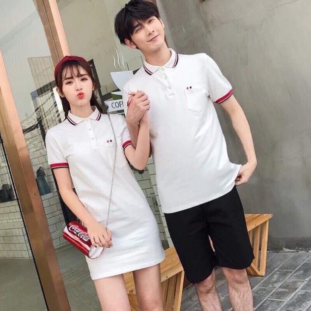 Áo đôi: Đầm thun Polo form suông và áo thun nam