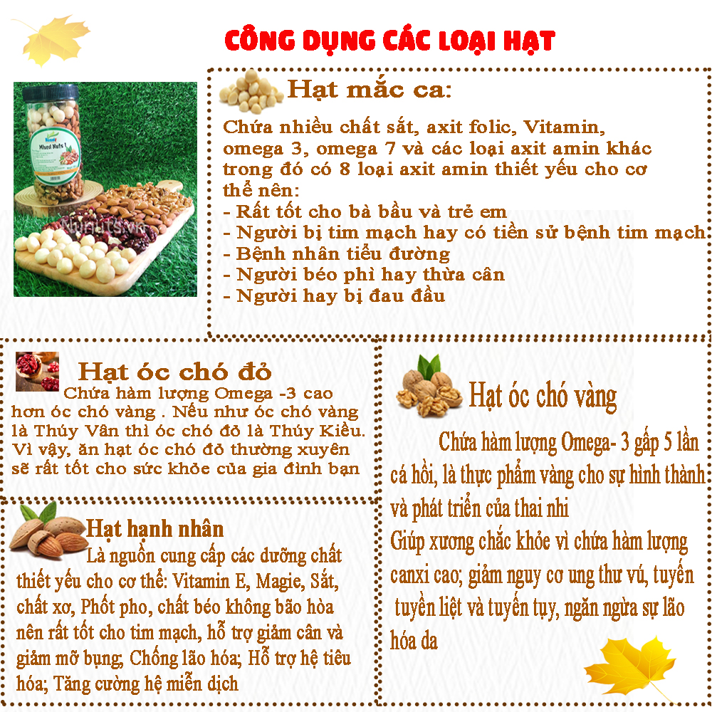 Mix hạt dinh dưỡng cho bà bầu gồm 4 loại hạt tách vỏ ( macca Úc, hạnh nhân mỹ, óc chó đỏ Mỹ, óc chó vàng Mỹ) sấy giòn, nướng mật ong, làm sữa.