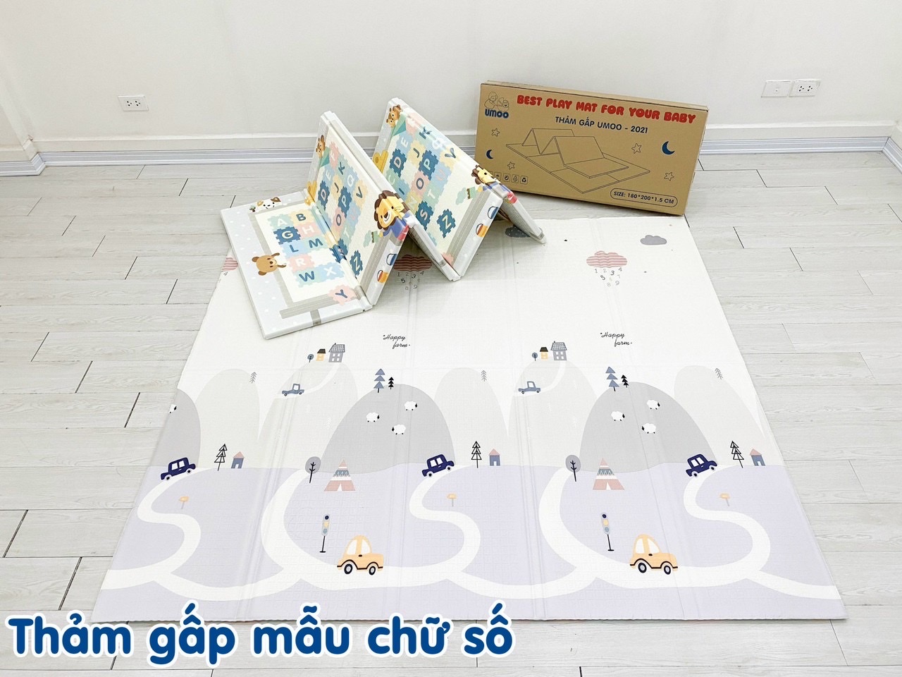 Thảm gấp gọn chống thấm  2 mặt Umoo chính hãng kích thước 180x200cm dày 1.5cm mẫu Chữ số