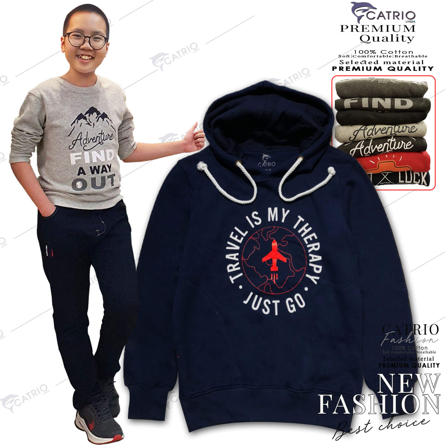 ÁO HOODIES TRẺ EM CATRIO in TÊN LỬA là áo thun dài tay có mũ có túi thời trang, vải 100% cotton dày, ấm mùa thu đông phù hợp với trẻ em bé trai, bé gái 11 tuổi 50kg kết hợp quần dài cotton CATRIO thành bộ đồ đẹp MÀU NAVY