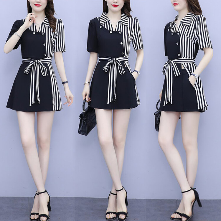 Sét short phối sọc cột eo