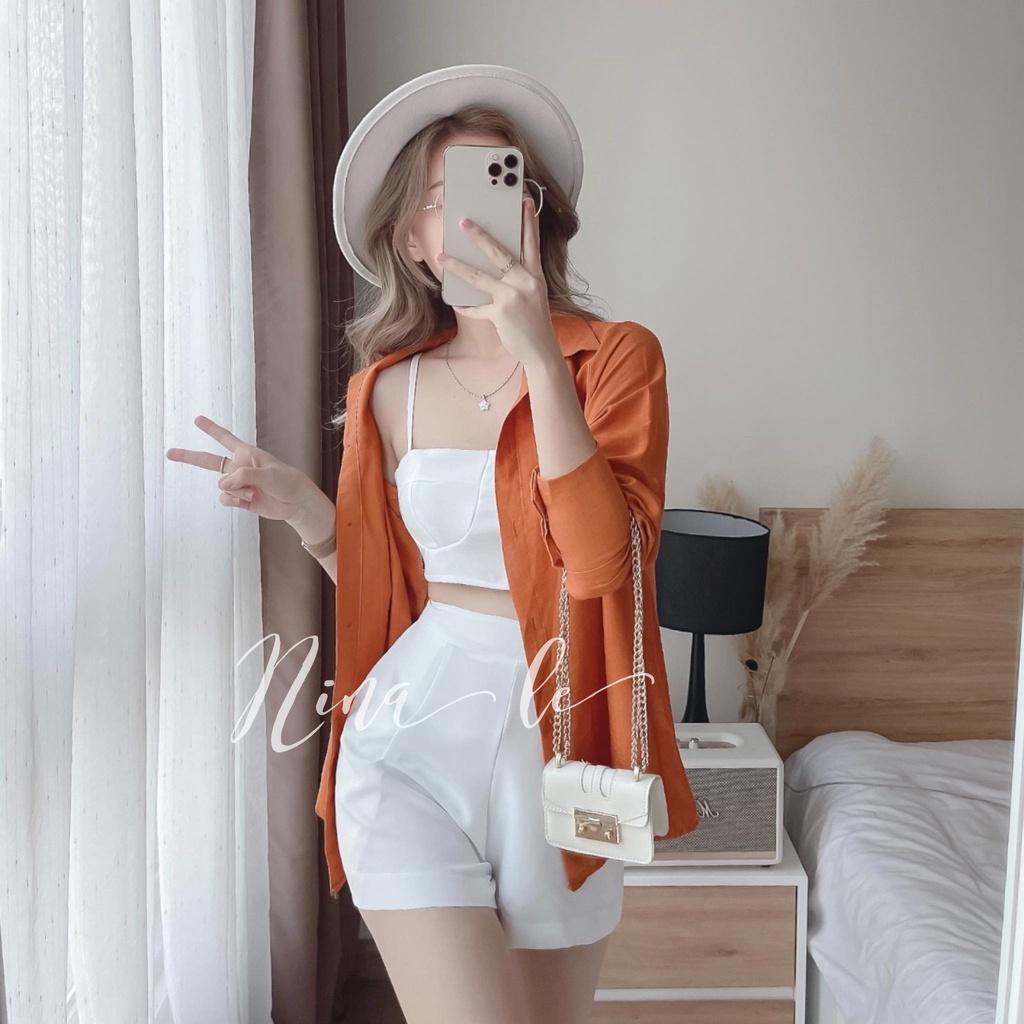 Sét bộ 3 món thời trang nữ áo khoác sơ mi kèm croptop 2 dây, phối quần đùi ống rộng thích hợp cho nàng dạo phố, đi biển