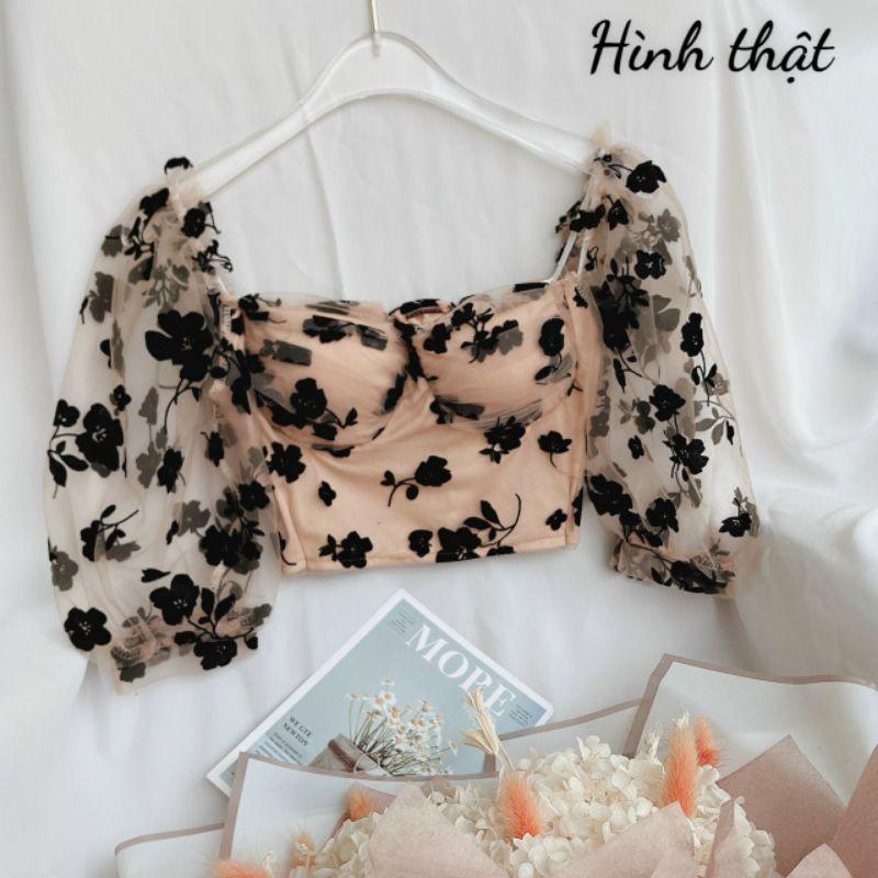 Áo croptop phối lưới ren có mút ngực