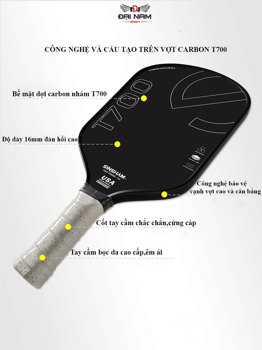 Vợt Pickleball Mặt Nhám Full Cacbon T700 Dày 16mm,Siêu Bền + Tặng Kèm Túi Chống Sốc Và 4 Bóng