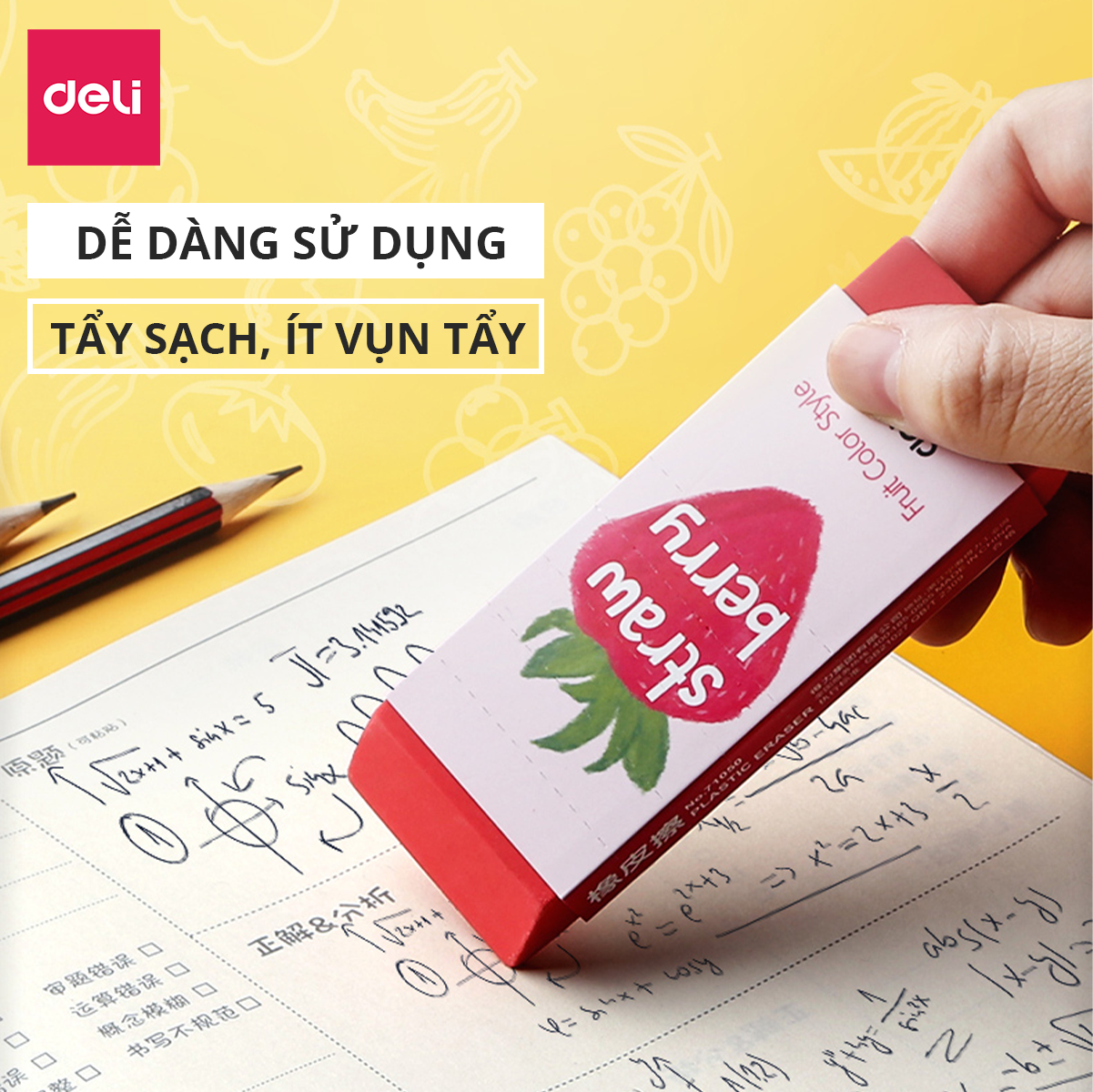 Gôm Tẩy Deli Hình Vẽ Hoa Quả Đỏ/ Xanh lá/ Vàng/ Xanh ngọc - Tẩy Bút Chì Sạch Đẹp - 71050